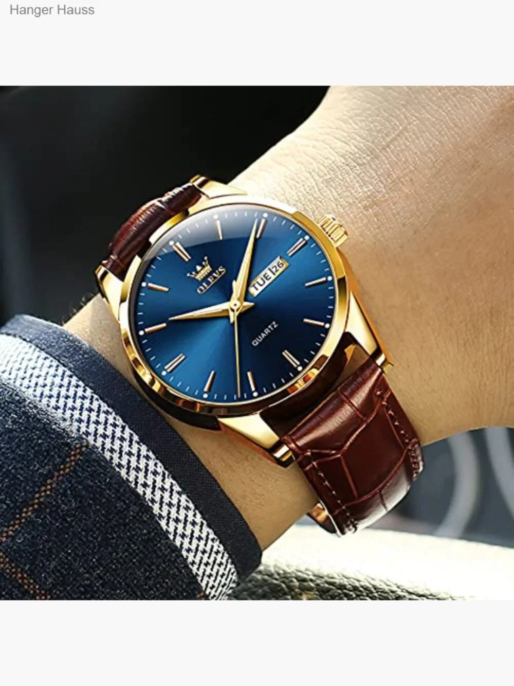 Quartz Leather Dress Watch 38mm Gold Case Day Date Water Resistant Business